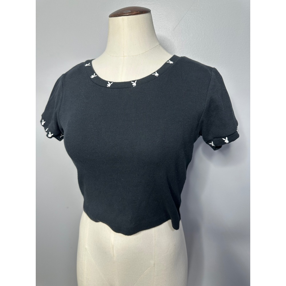 Playboy by PacSun Womens Black Ribbed Crop Top Bunny Logo Baby Tee Size Medium